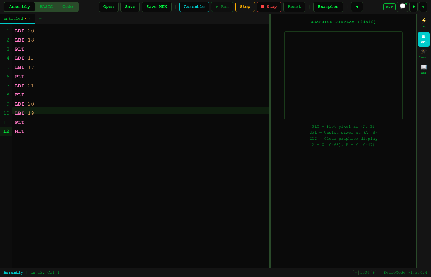 Assembly graphics output on 64x48 display