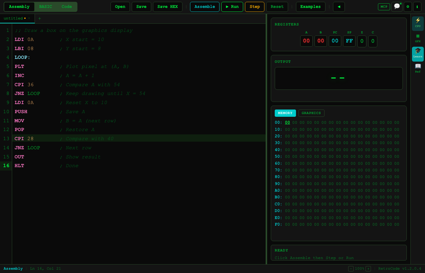 RetroCode Assembly Mode with 8-bit CPU simulator
