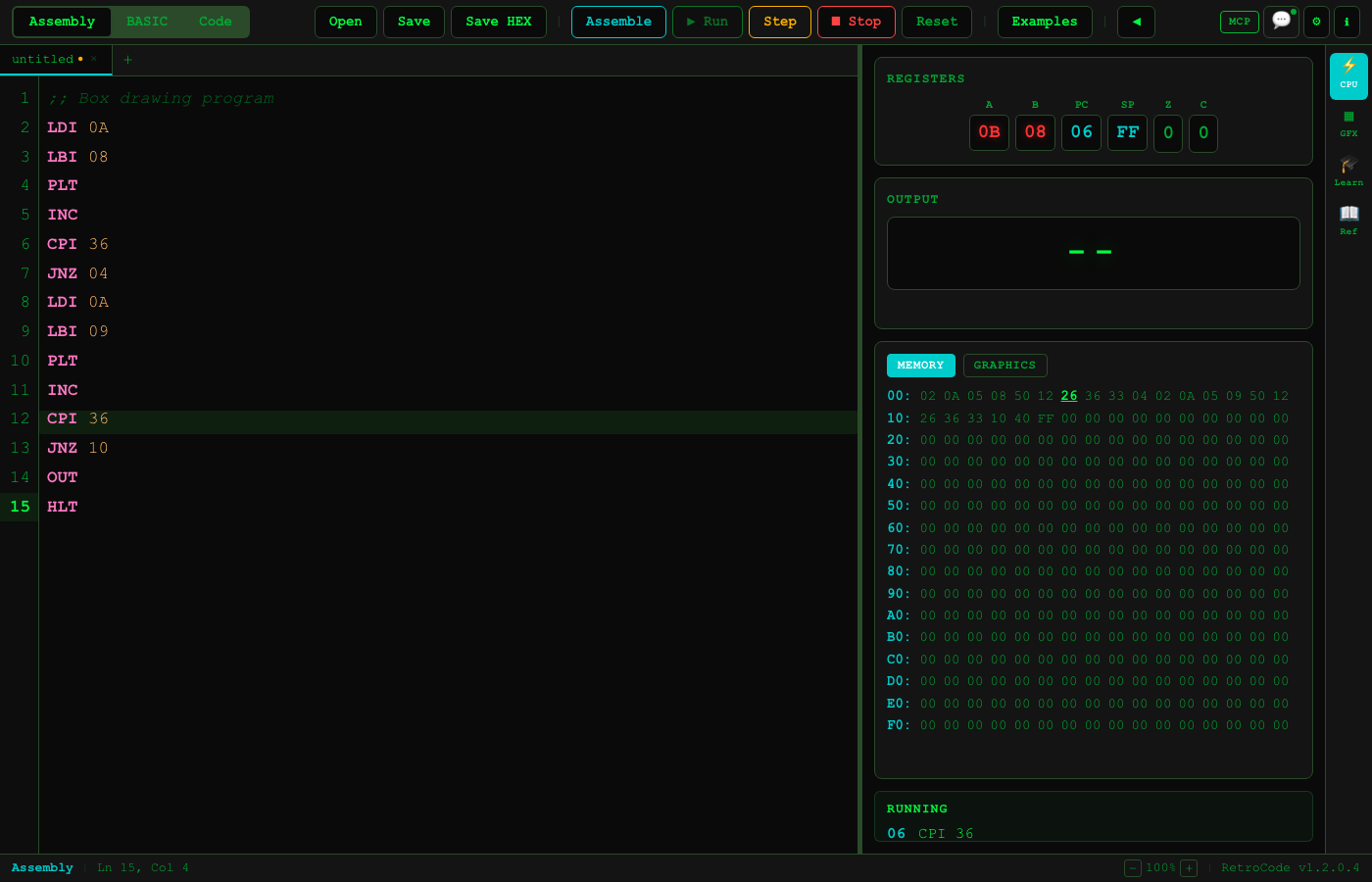 Assembly program running with register view