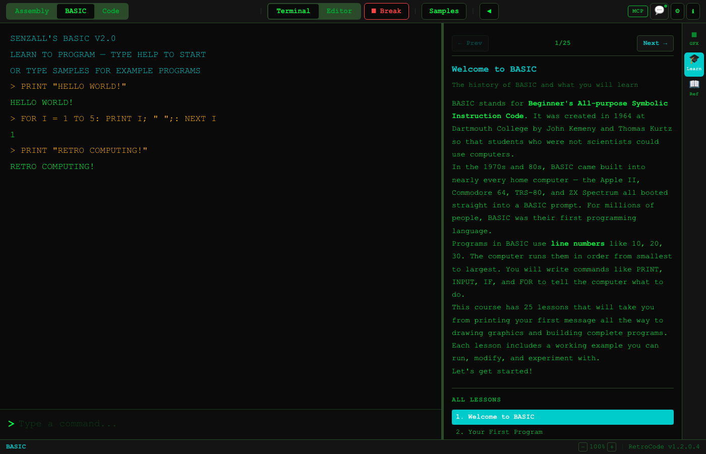 RetroCode BASIC terminal with green screen