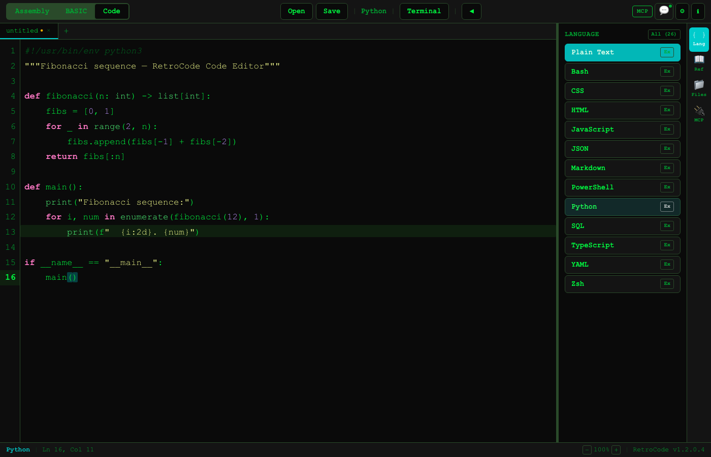 RetroCode Code Editor with Python syntax highlighting