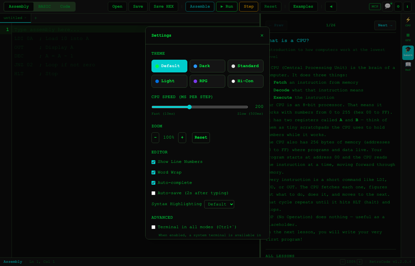 RetroCode settings panel